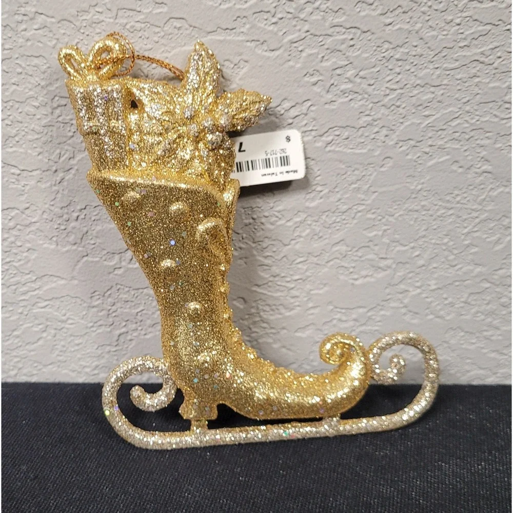Kathe Wohlfahrt Ice Skating Shoe with Golden Glimmer Plastic Christmas Ornament